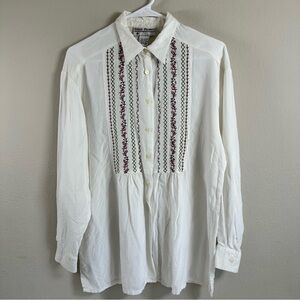 Vintage Gina Peters Medium White Blouse Embroidered Floral Boho Peasant Top‎
